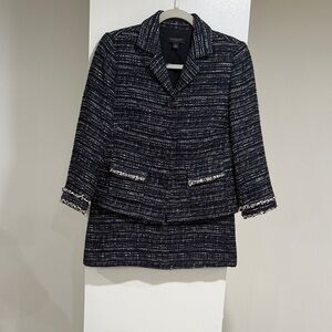 Ann Taylor navy blue and white tweed blazer and matching skirt suit